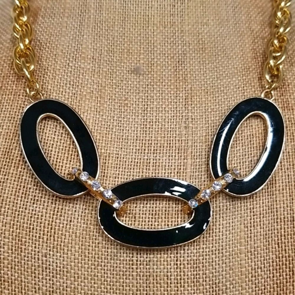 Black Rhinestone and Gold Link Necklace